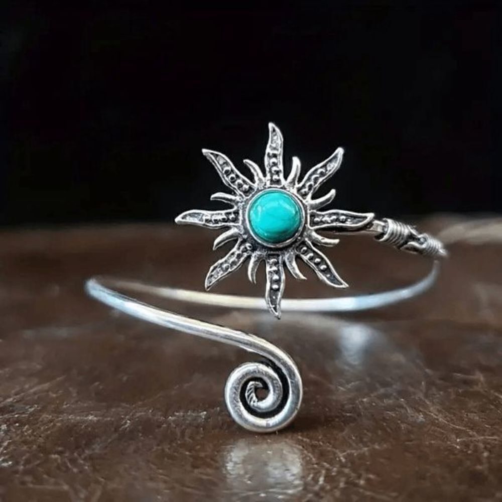 Boho Silver Turquoise Moon Sun Open Bangle Arm Cuff Bracelet